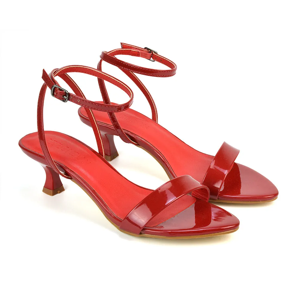 Antonia Strappy Party Kitten Low Heel Sandals in Red Patent