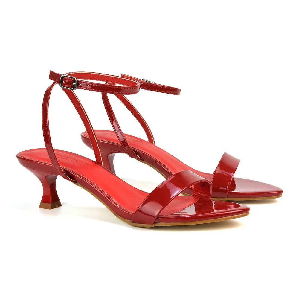 Antonia Strappy Party Kitten Low Heel Sandals in Red Patent