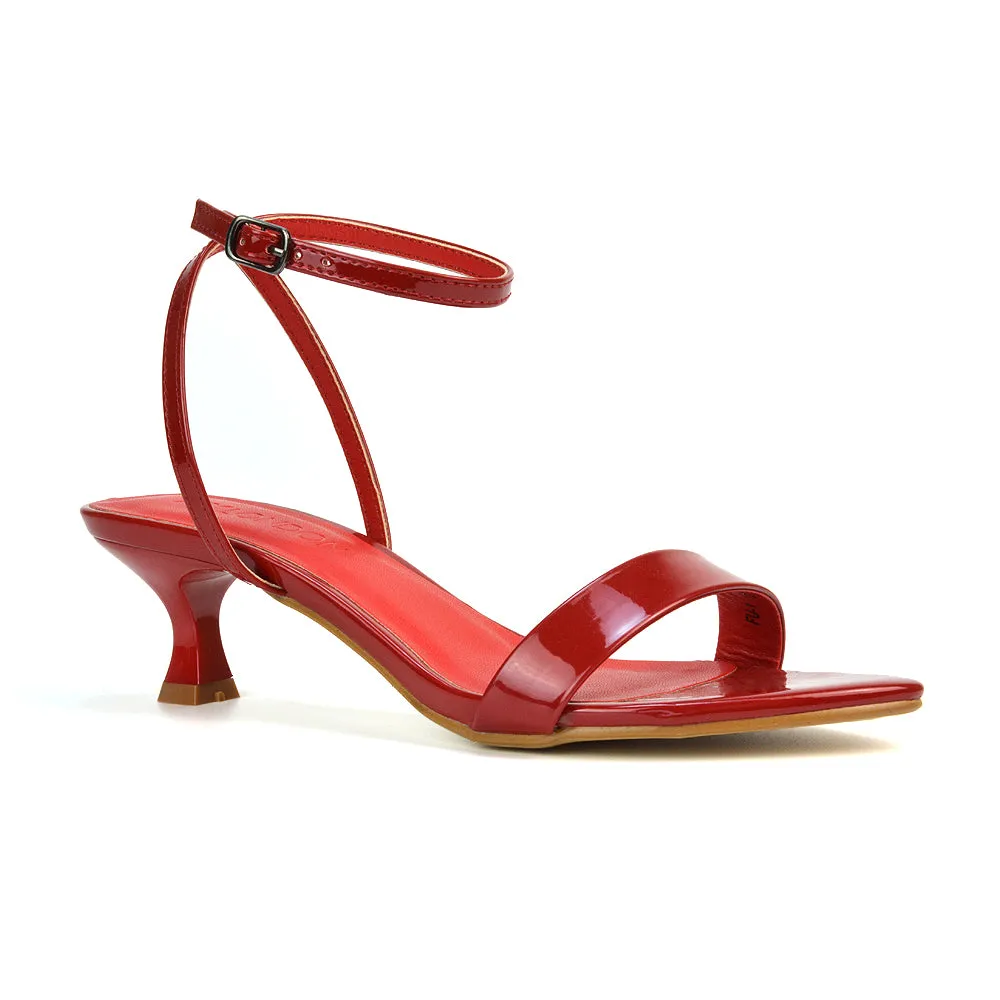 Antonia Strappy Party Kitten Low Heel Sandals in Red Patent