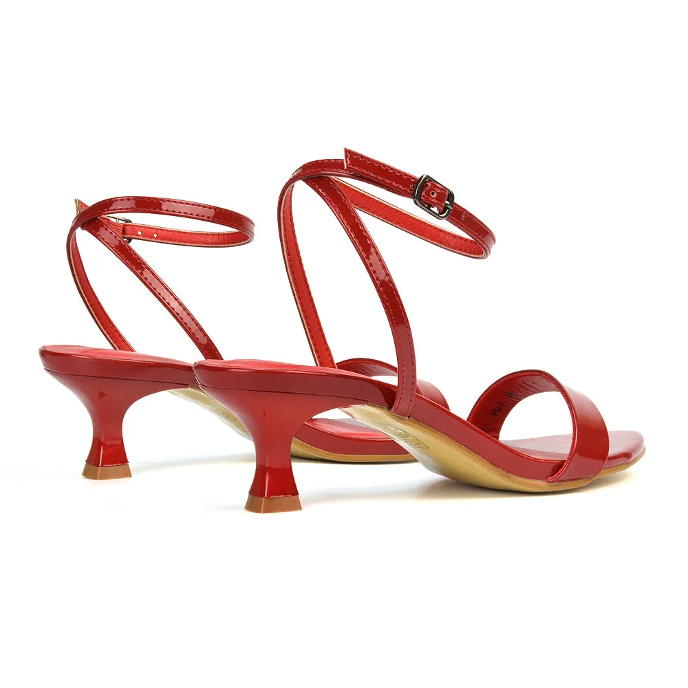 Antonia Strappy Party Kitten Low Heel Sandals in Red Patent