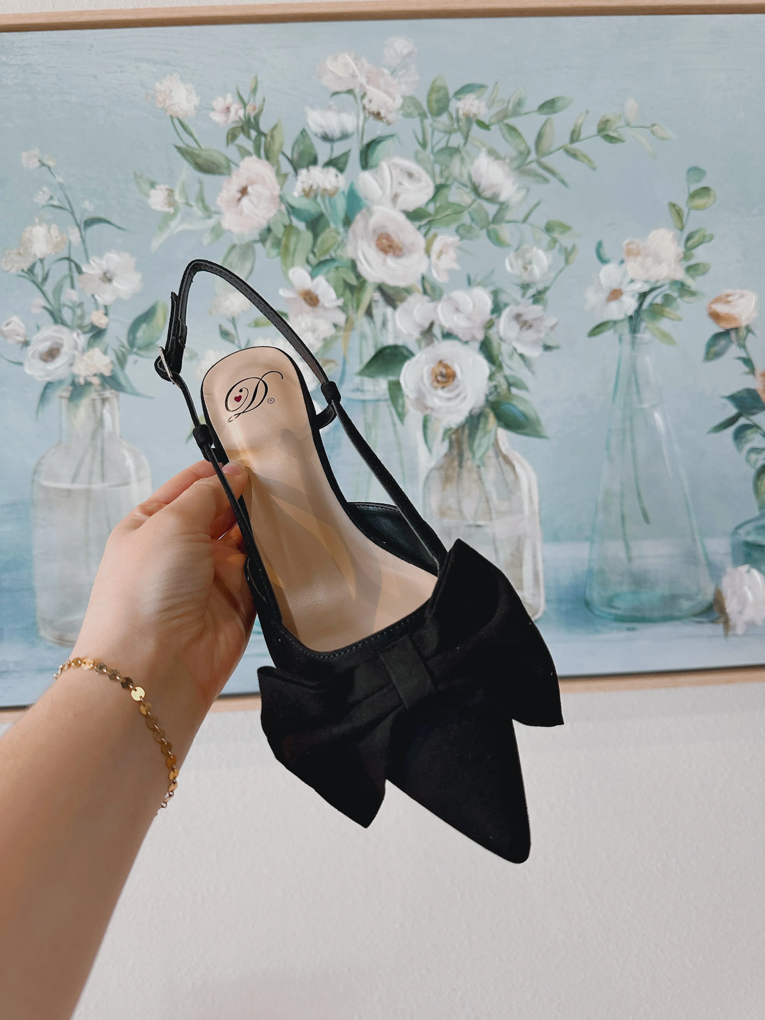 Big Bow Pointed Toe Sling Back Kitten Heel