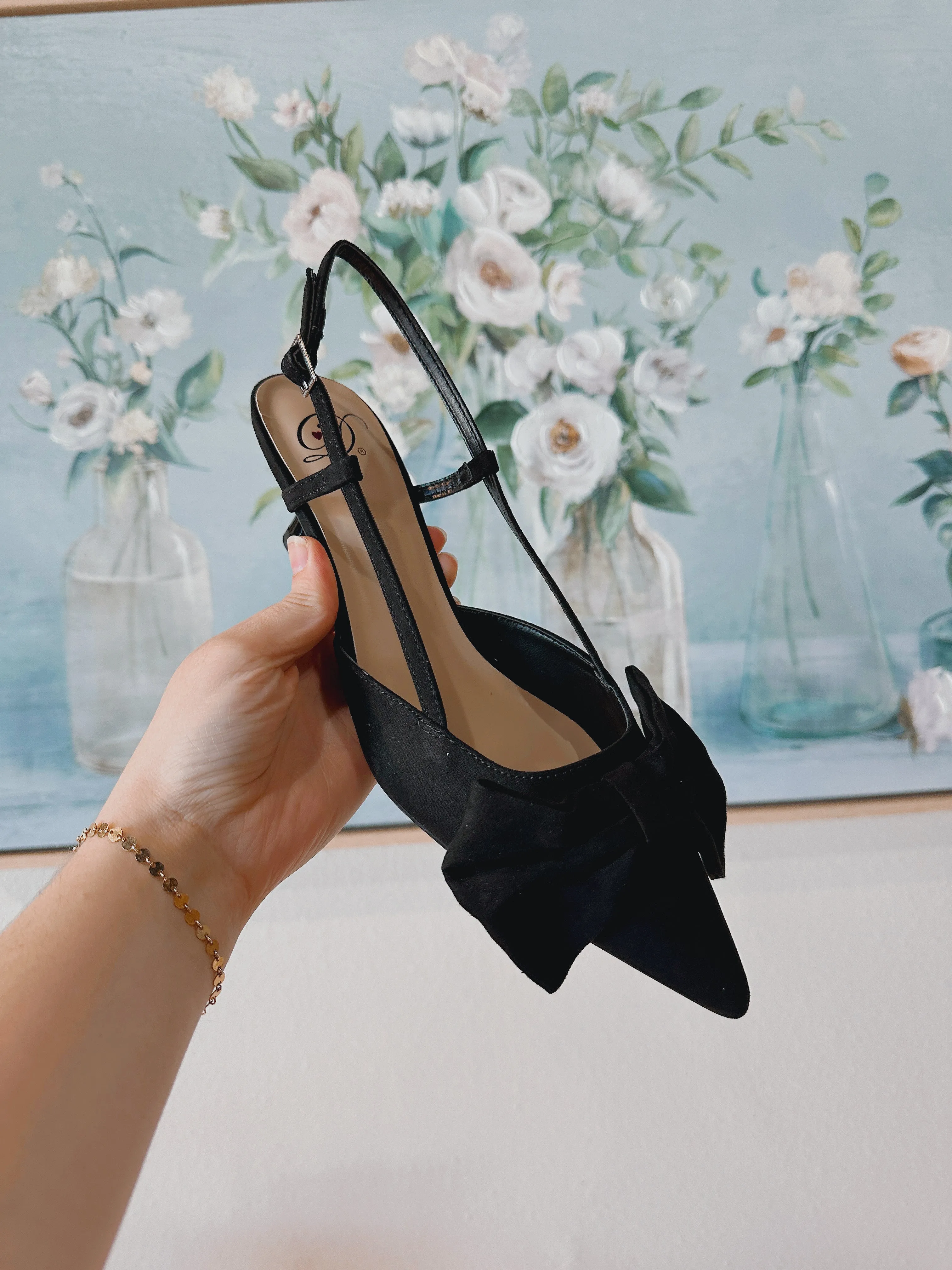 Big Bow Pointed Toe Sling Back Kitten Heel