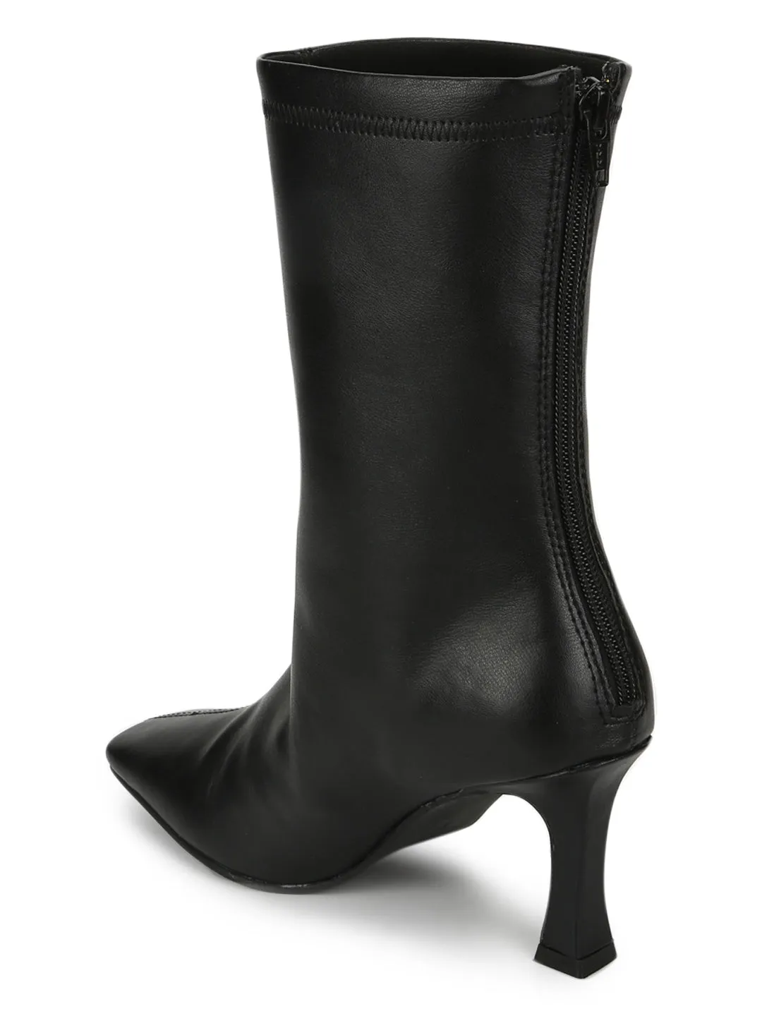 Black PU Zip Up Kitten Heel Mid Calf Boots