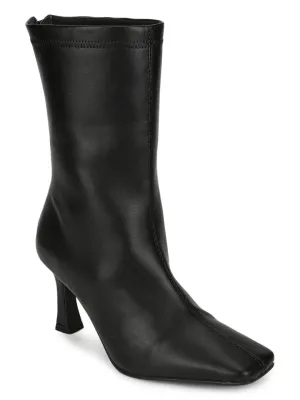 Black PU Zip Up Kitten Heel Mid Calf Boots