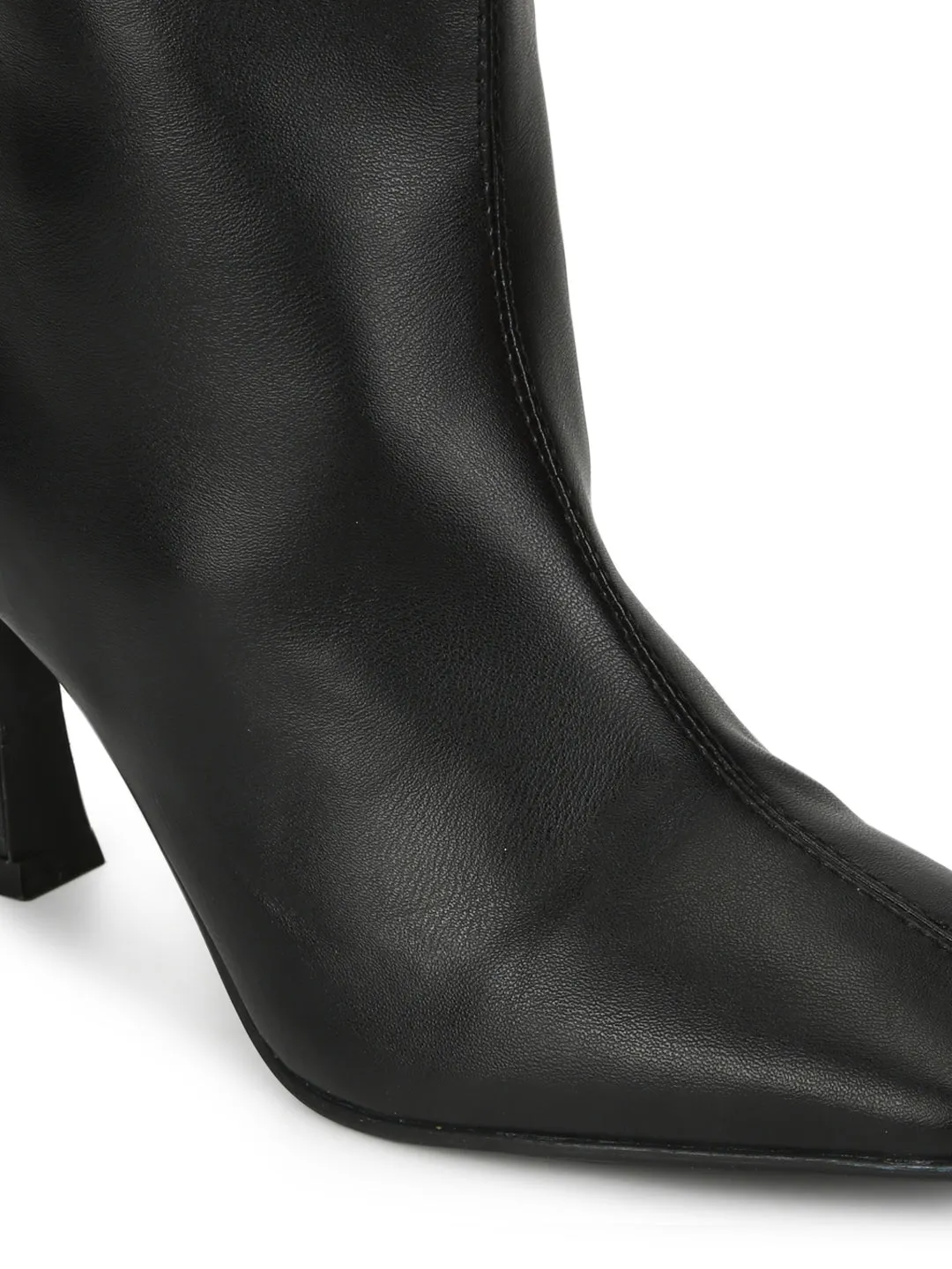 Black PU Zip Up Kitten Heel Mid Calf Boots