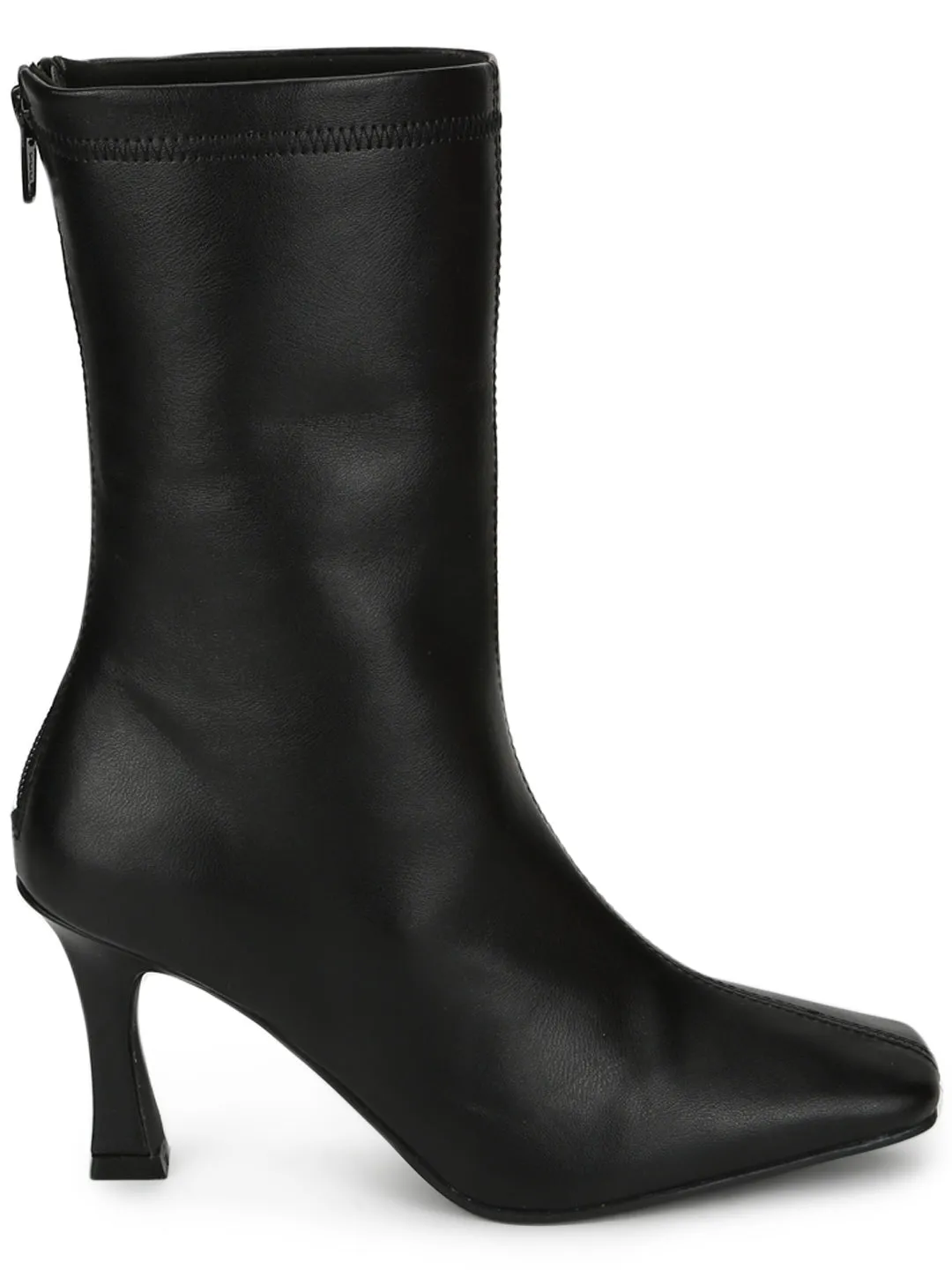 Black PU Zip Up Kitten Heel Mid Calf Boots