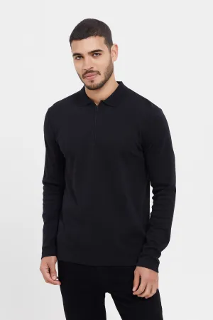 Black Zip Placket Long Sleeve Polo Shirt