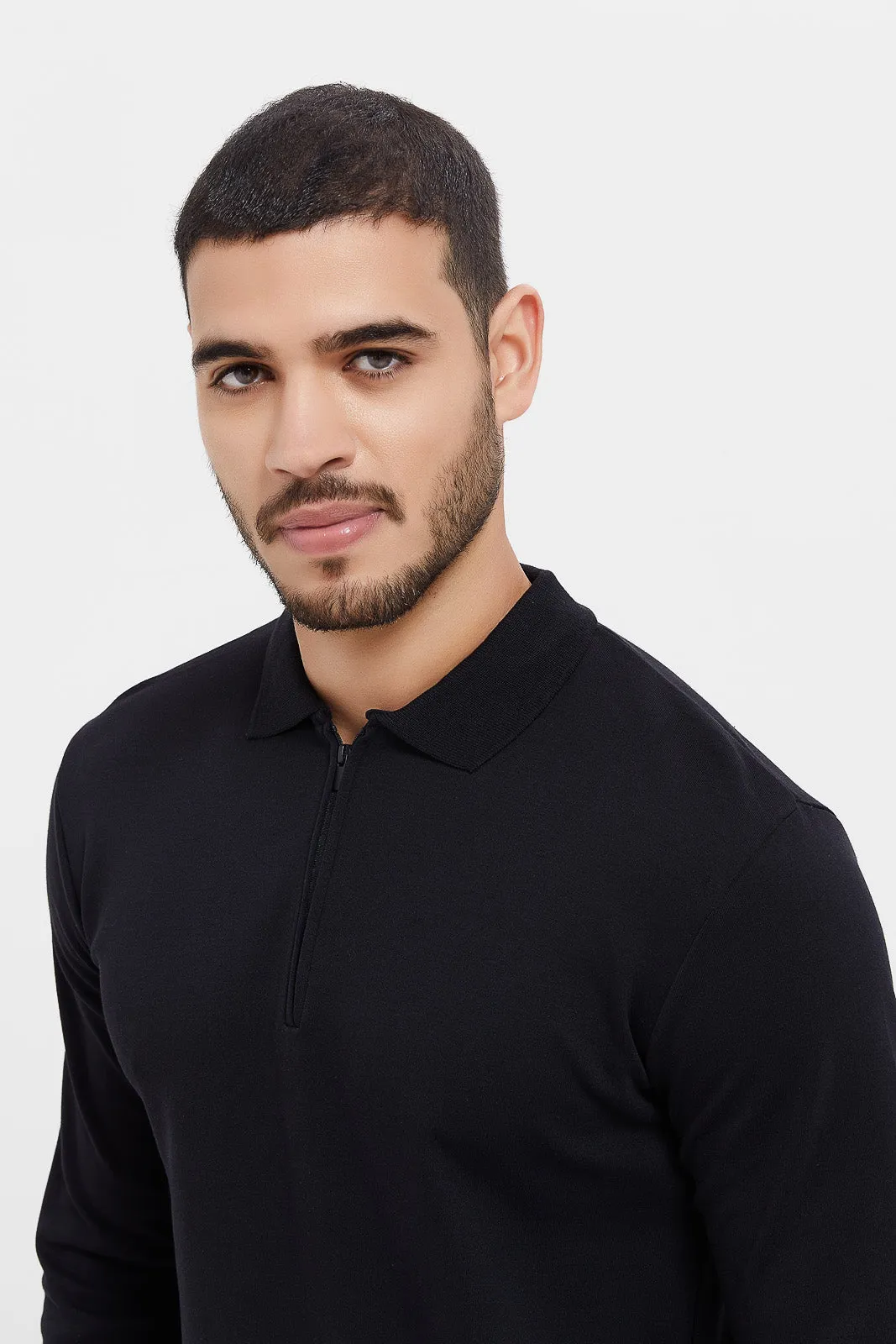 Black Zip Placket Long Sleeve Polo Shirt