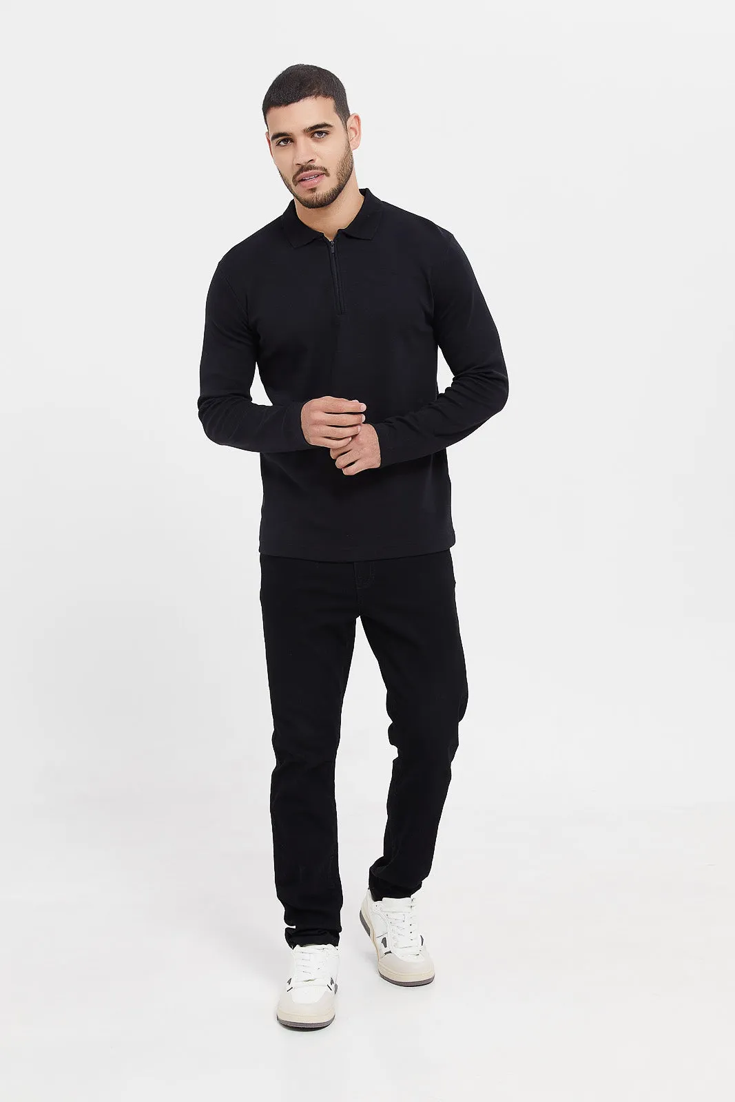 Black Zip Placket Long Sleeve Polo Shirt