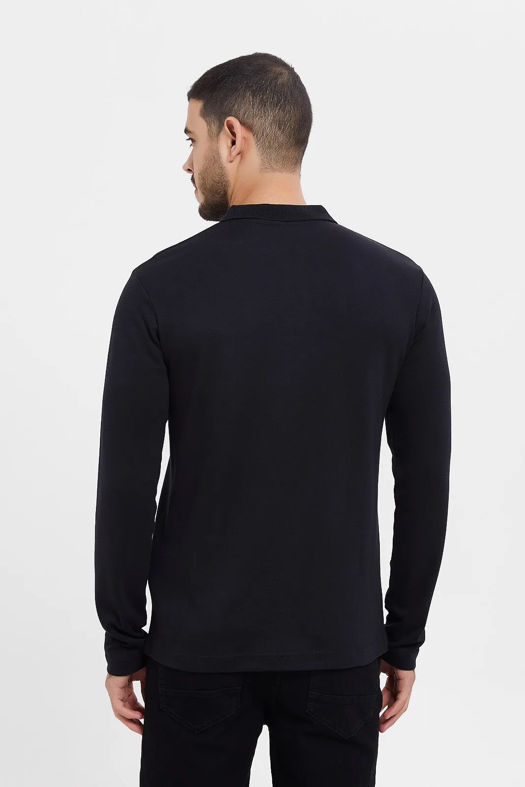 Black Zip Placket Long Sleeve Polo Shirt