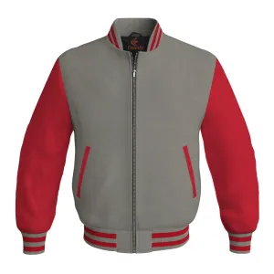 Bomber Jacket Women Gray Body and Red Leather Sleeves Bomber Jacket