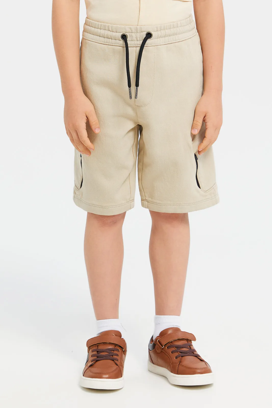 Boys Beige Denim Short With Cargo Pocket