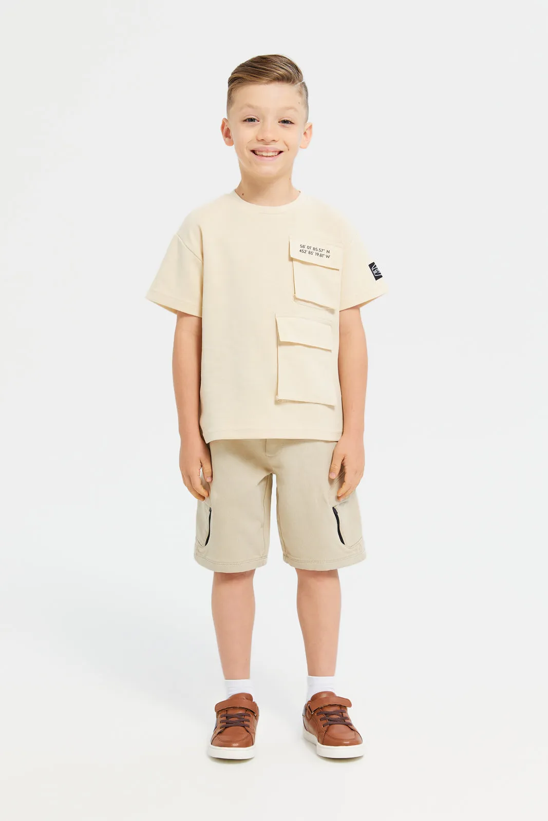 Boys Beige Denim Short With Cargo Pocket