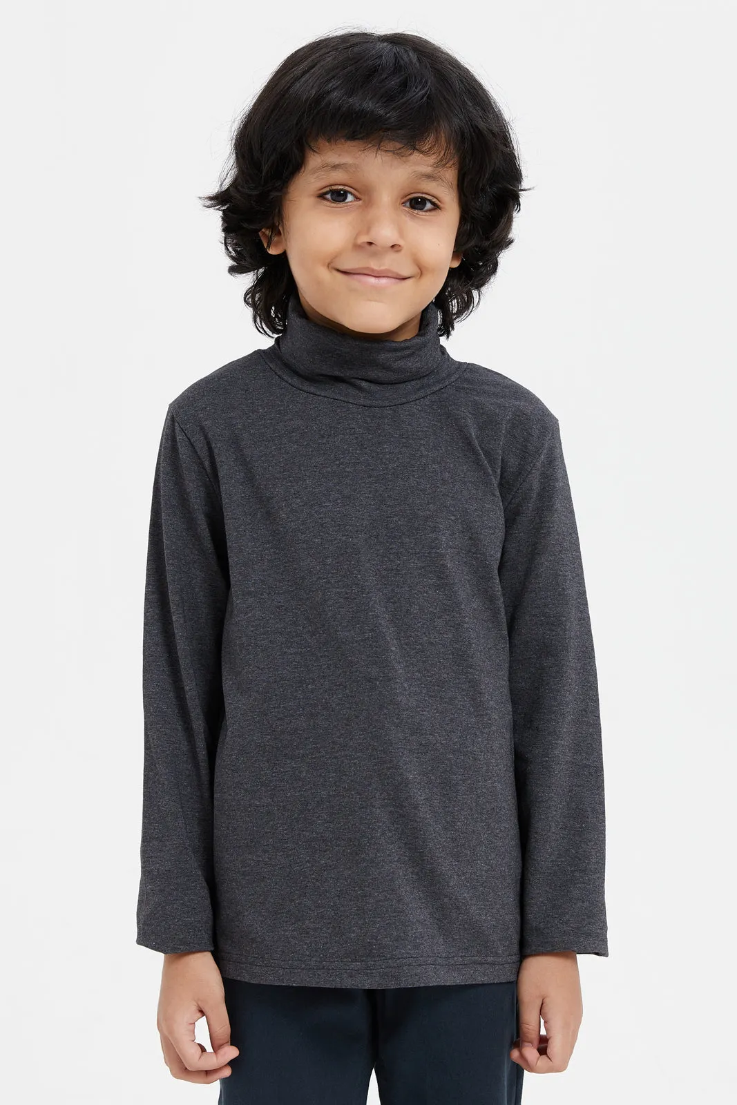 Boys Black And Charcoal Plain High Neck T-Shirt (2 Piece)