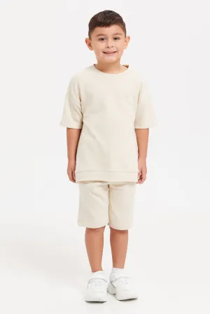 Boys Ecru Jacquard Oversized T-Shirt Set (2 Piece)