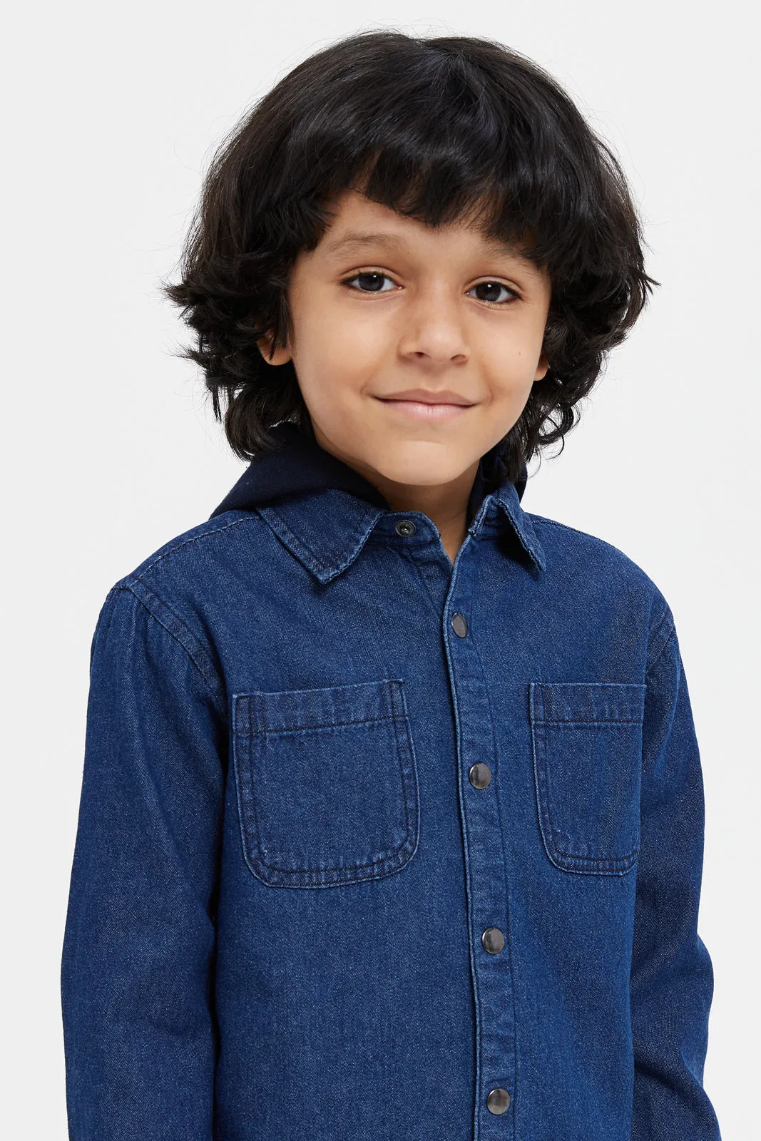 Boys Navy Denim Hooded Shirt With Fleece Lined