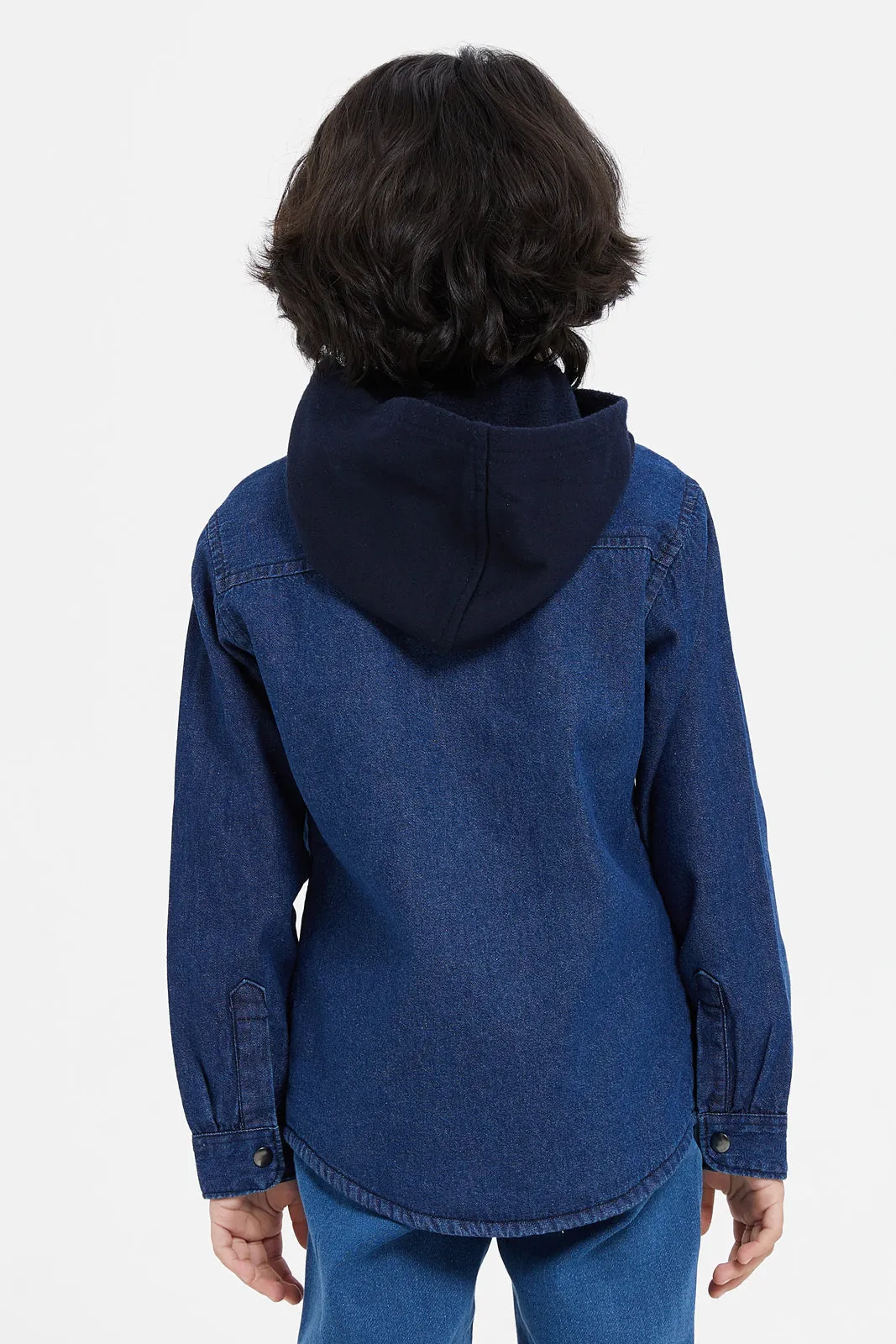 Boys Navy Denim Hooded Shirt With Fleece Lined