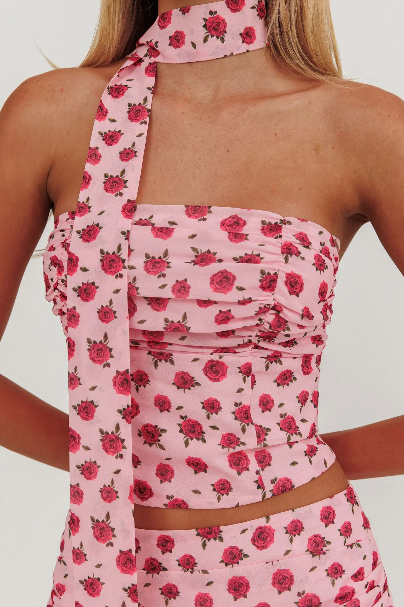 Charise Strapless Neck Tie Top Roses Pink