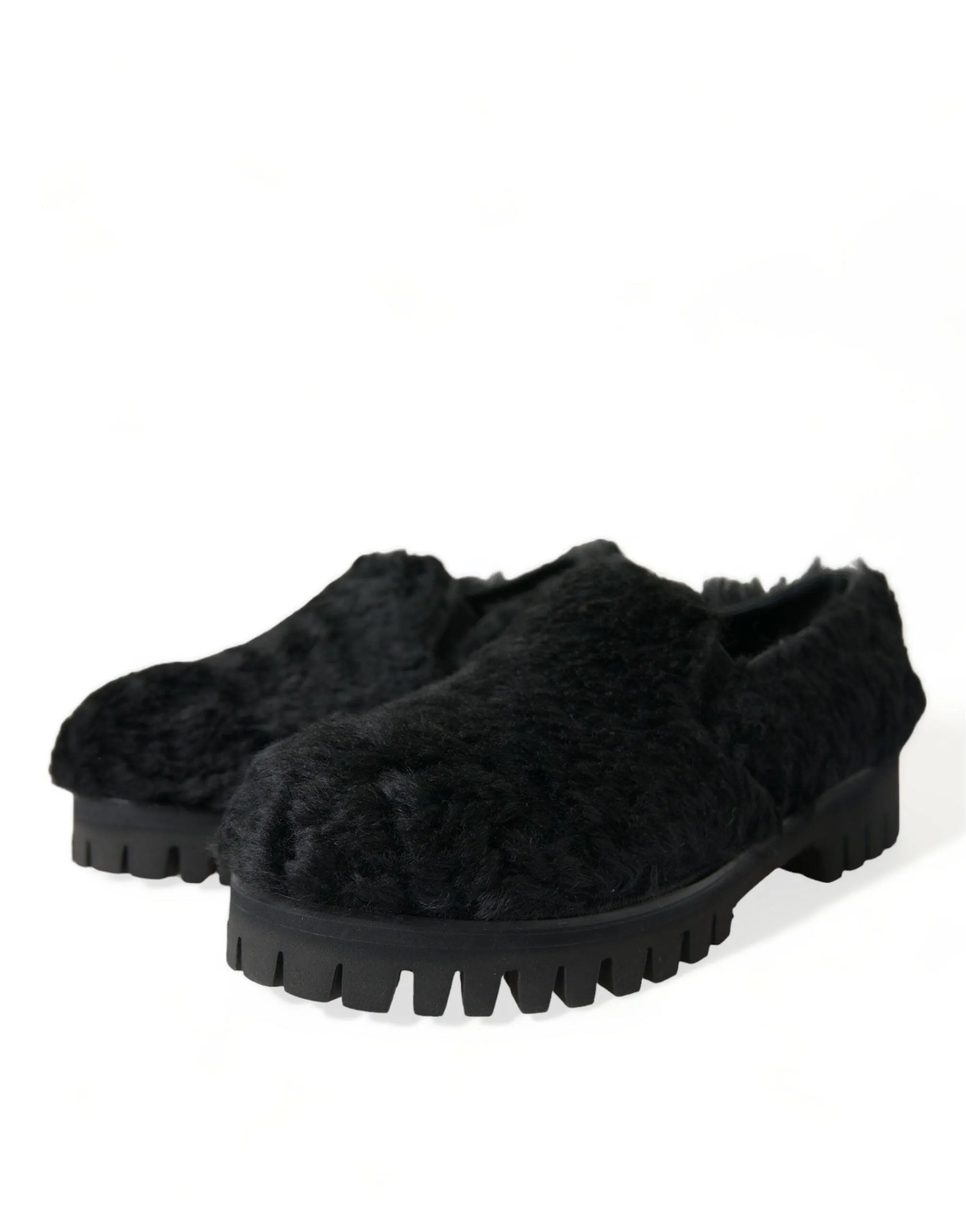 Dolce & Gabbana Black Fur Leather Slippers Dress Shoes