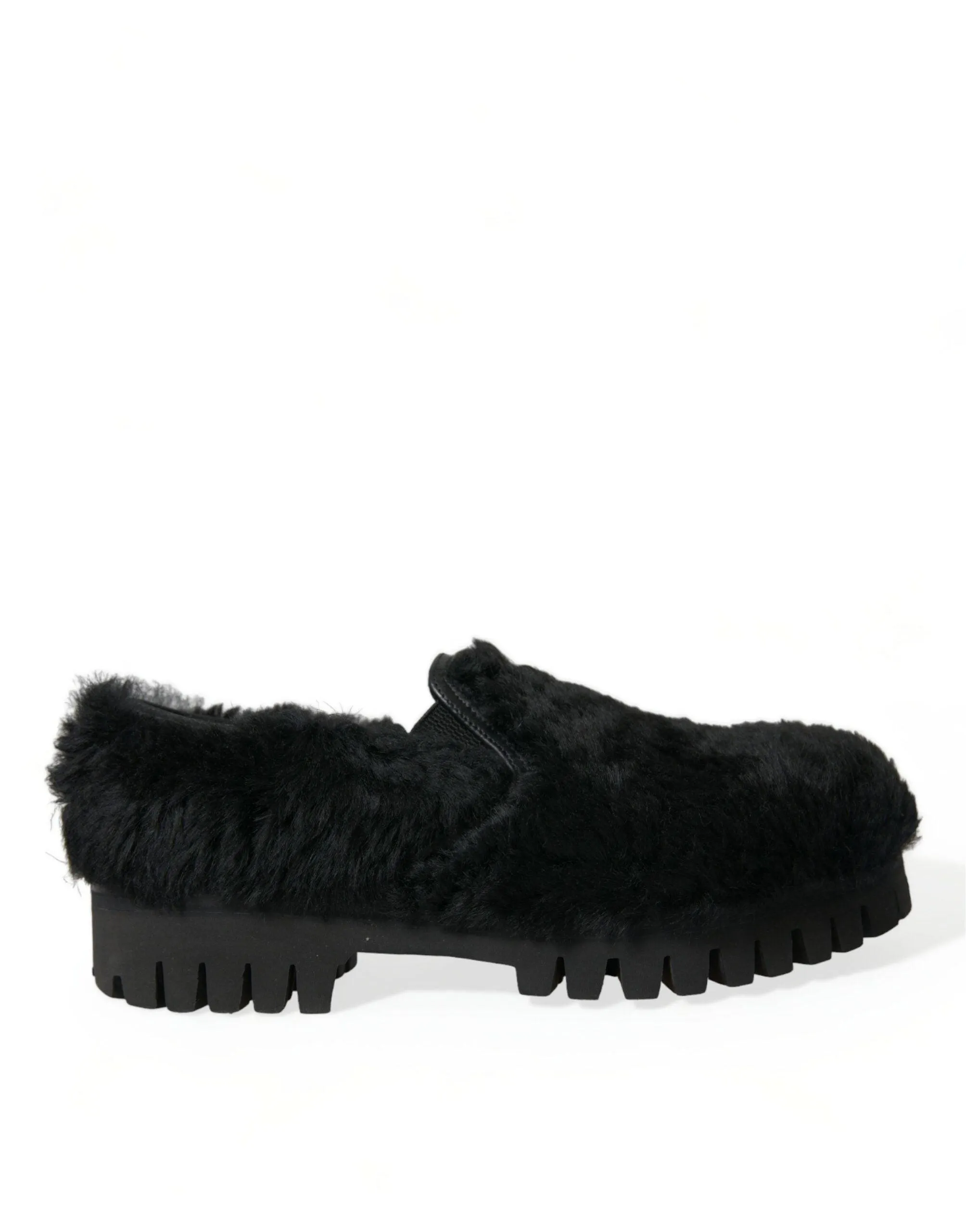 Dolce & Gabbana Black Fur Leather Slippers Dress Shoes