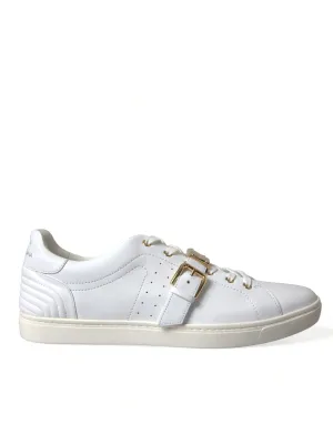 Dolce & Gabbana White Leather Gold Buckle Sneakers Shoes