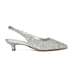 Gerri Pointed Toe Glitter Slingback Kitten Heel Court Shoes in Silver Glitter