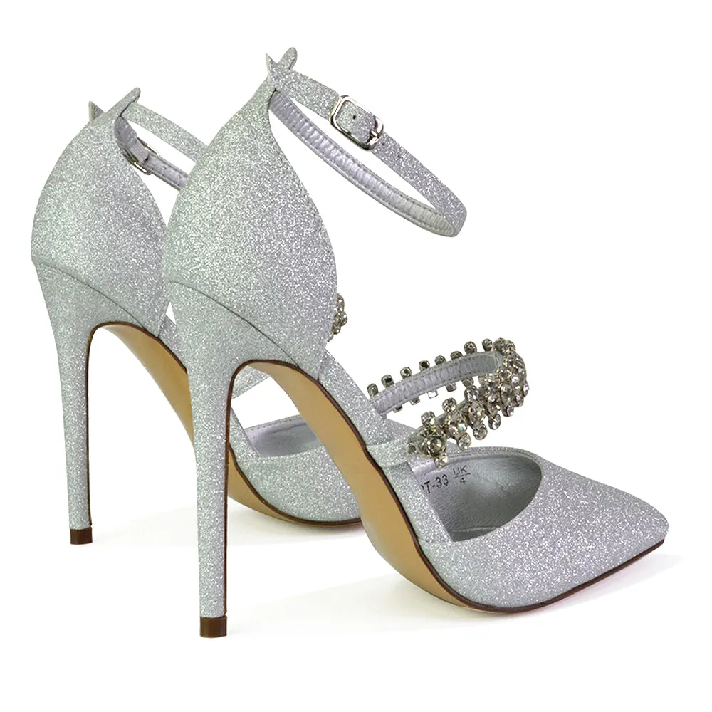 Giana Pointed Toe Strappy Stiletto High Heel Court Wedding Shoes in Silver Glitter