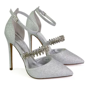 Giana Pointed Toe Strappy Stiletto High Heel Court Wedding Shoes in Silver Glitter