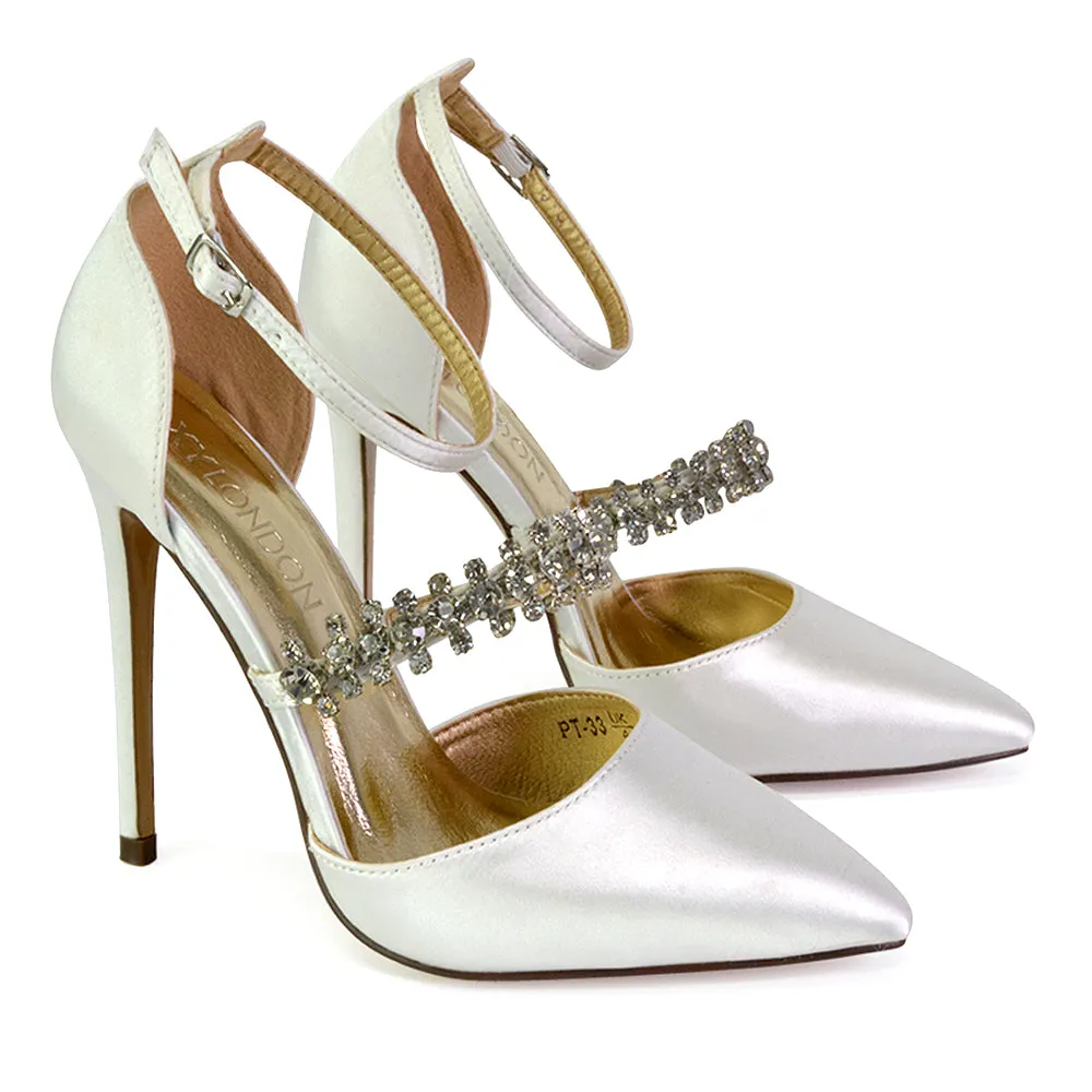 Giana Pointed Toe Strappy Stiletto High Heel Court Wedding Shoes in Silver Glitter