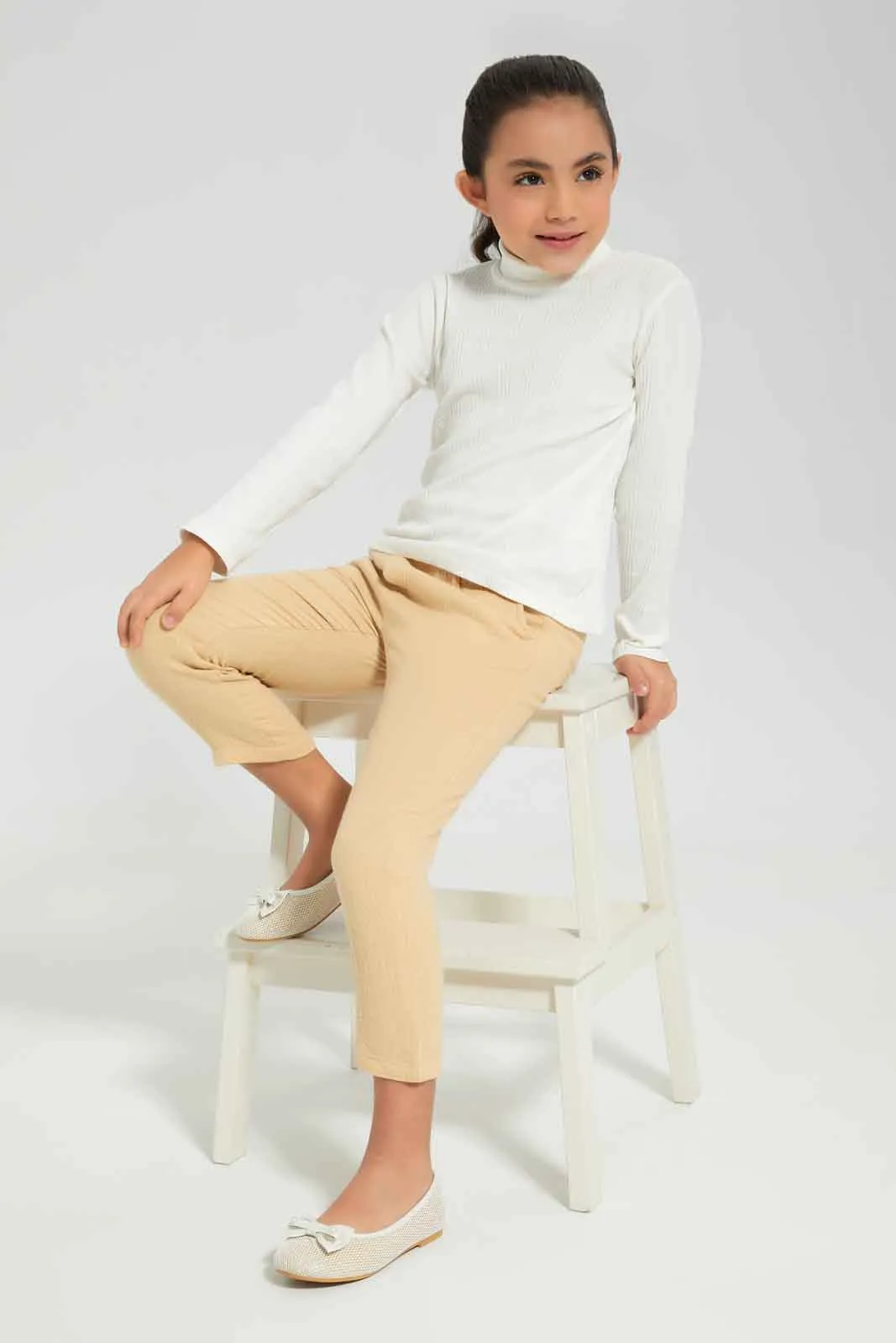 Girls Cream Ribbed T-Shirt