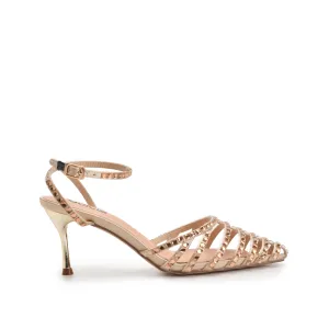 Glamorous Gold Strappy Rhinestone Kitten Heel Sandals | 429N-X