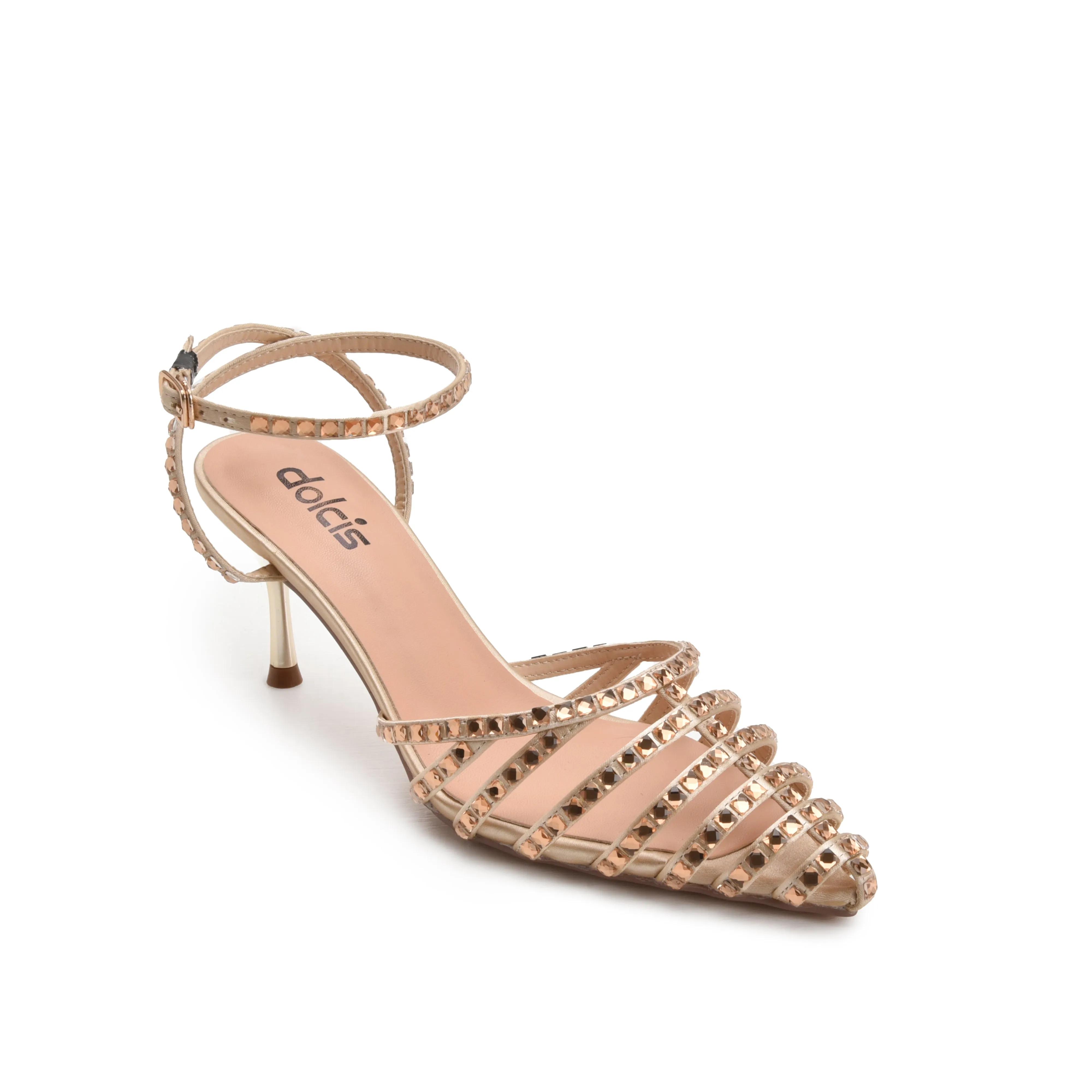 Glamorous Gold Strappy Rhinestone Kitten Heel Sandals | 429N-X