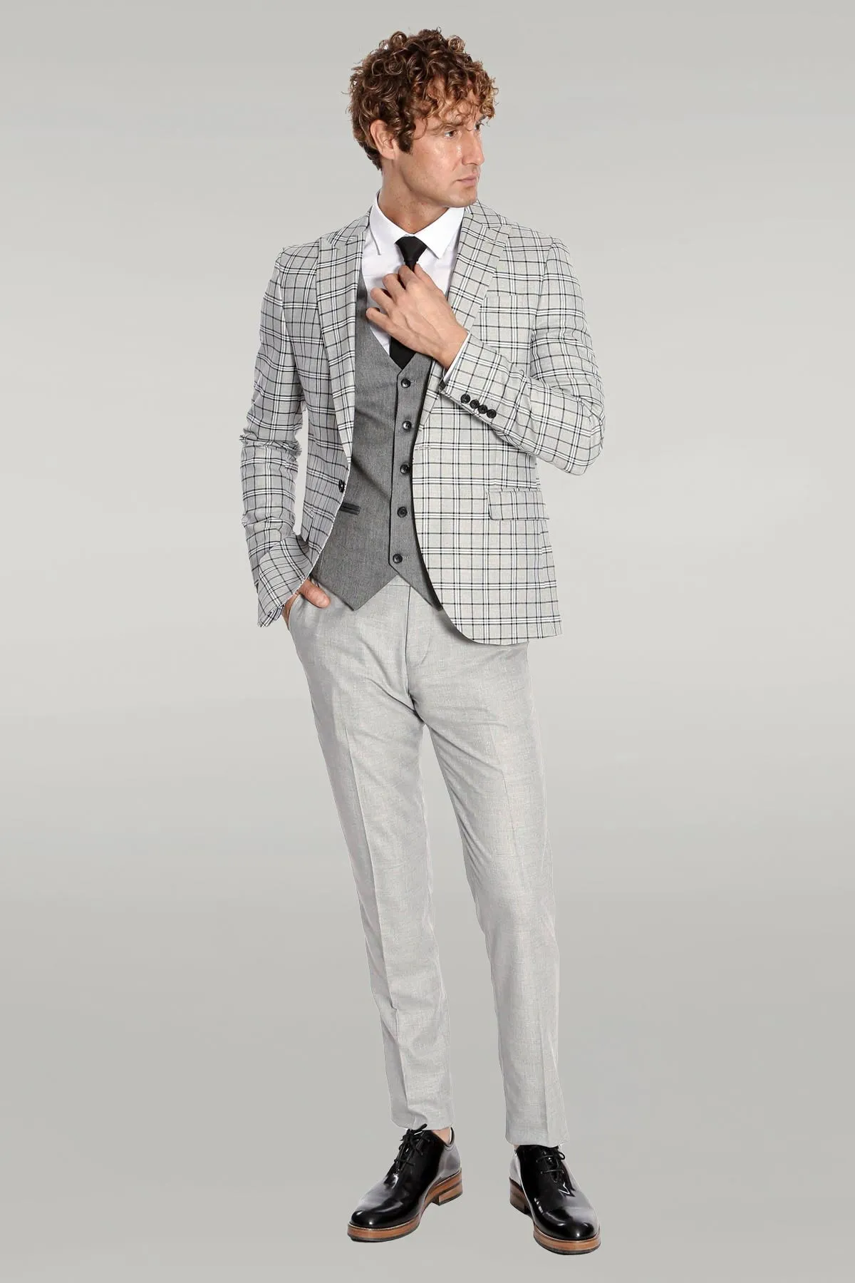 Grey Vested Slim Fit Checked Light Grey Men Suit - Wessi