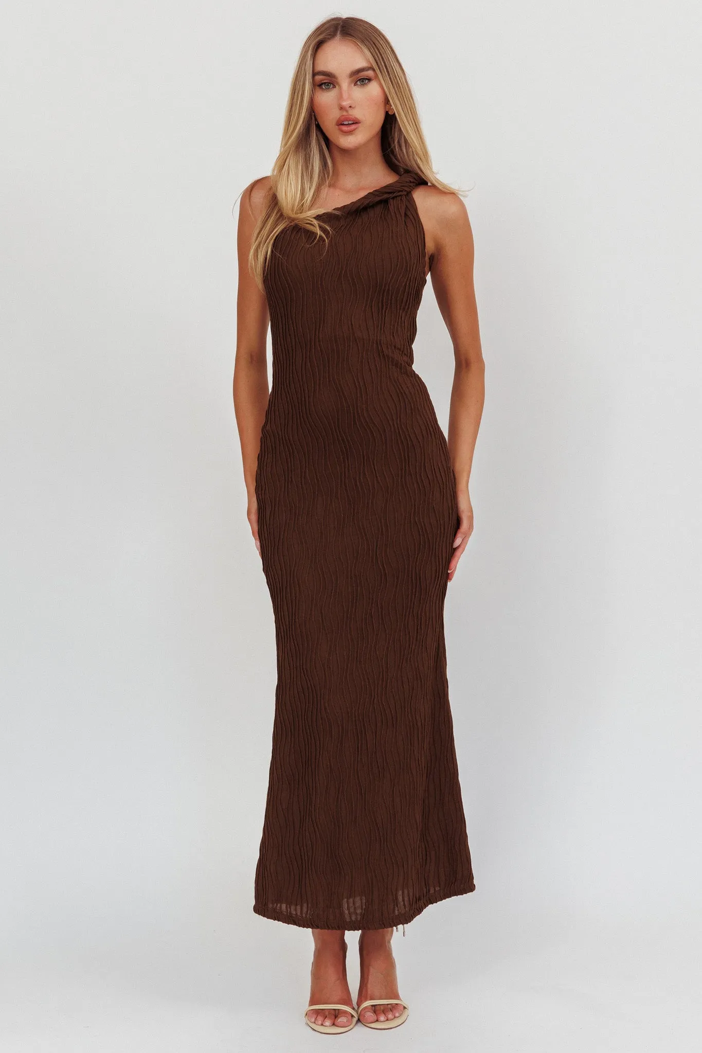 Lingering Love One-Shoulder Twist Maxi Dress Chocolate