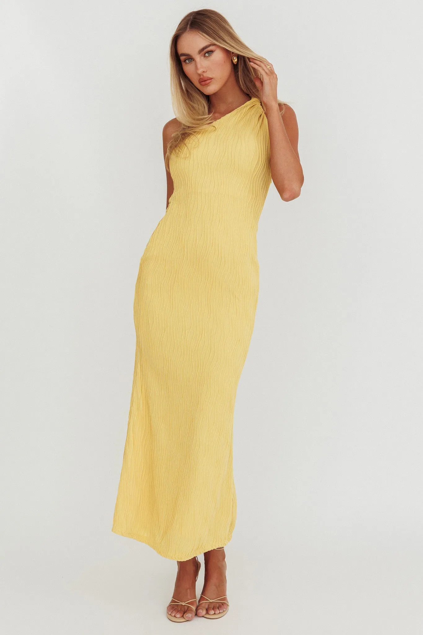 Lingering Love One-Shoulder Twist Midi Dress Lemon