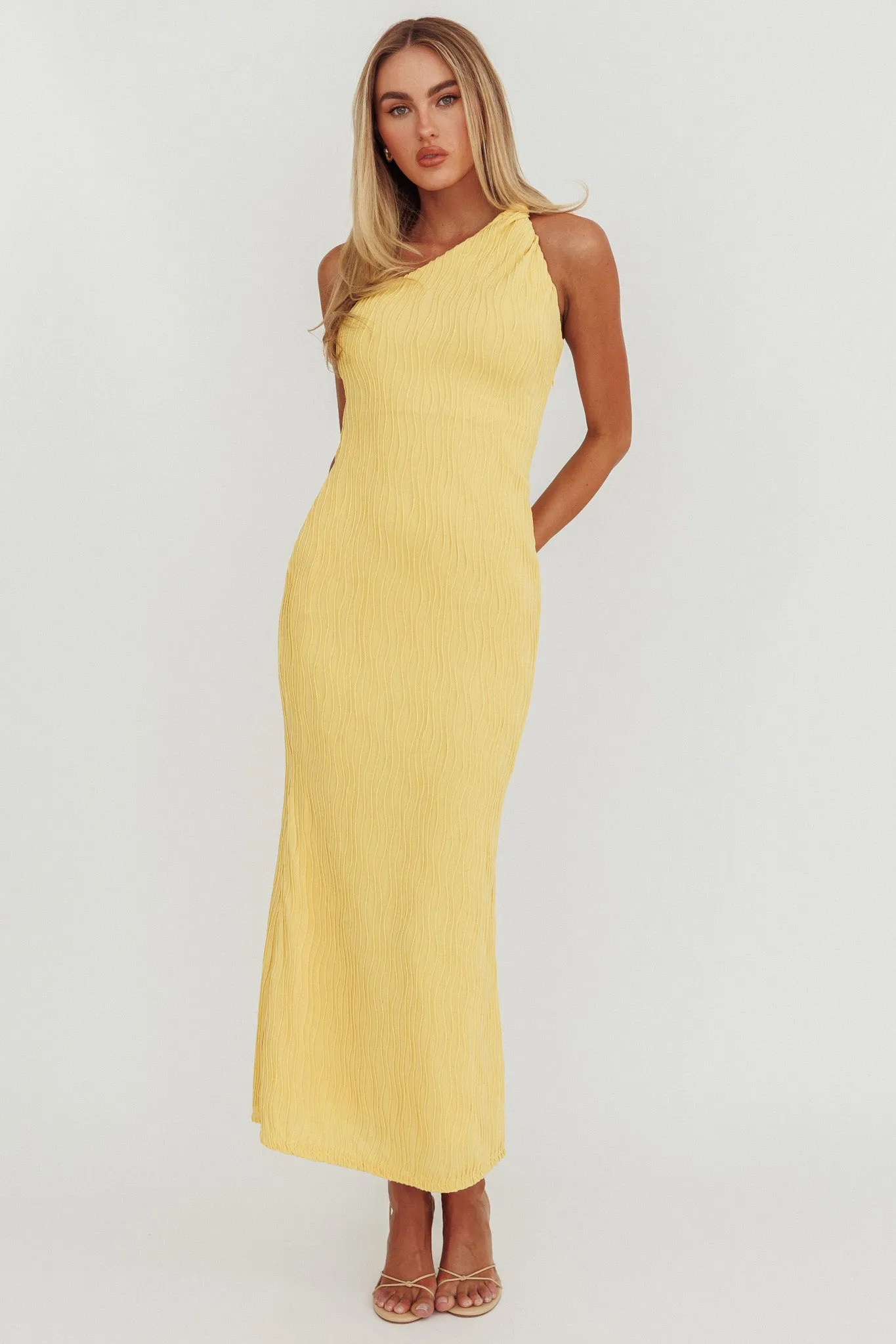 Lingering Love One-Shoulder Twist Midi Dress Lemon