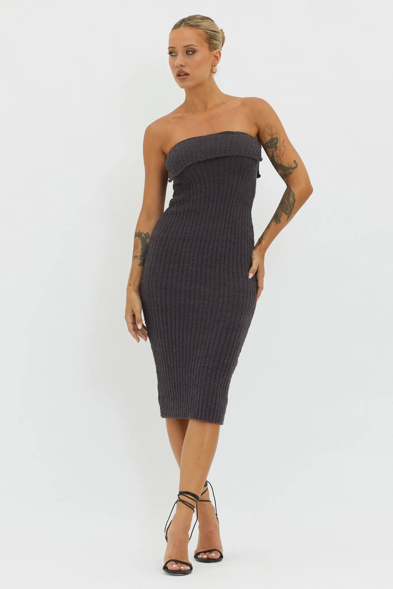 Lupita Foldover Ribbed Knit Midi Dress Charcoal