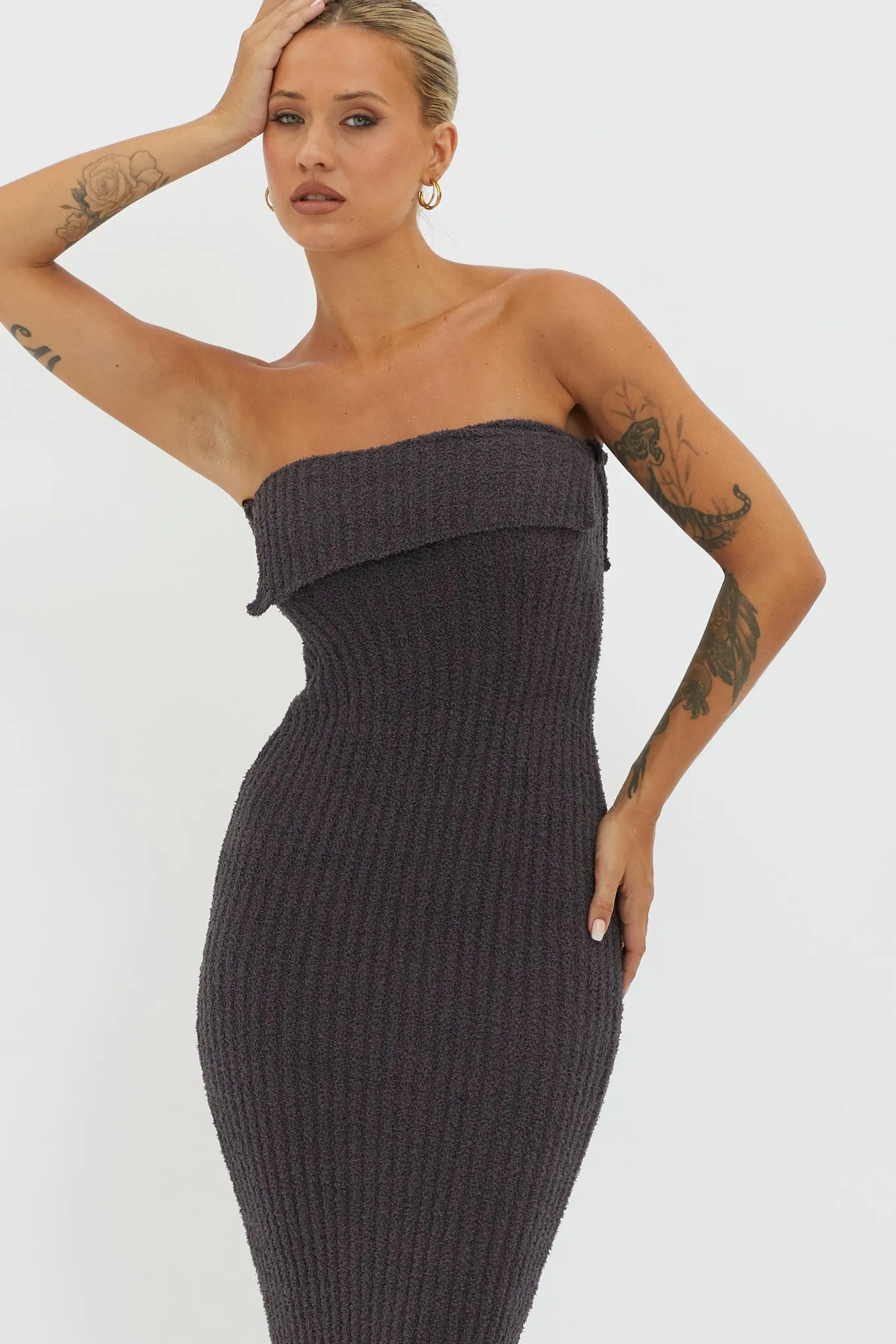 Lupita Foldover Ribbed Knit Midi Dress Charcoal