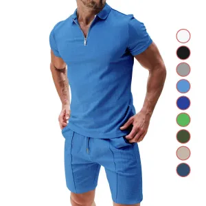 Men's Casual Waffle Suit: Zipper Lapel Short-Sleeved Top with Drawstring Shorts