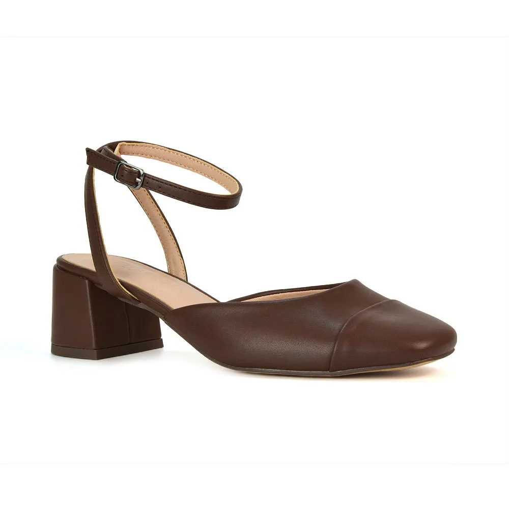 Natasha Ankle Strap Mid Block Heel Square Toe Court Shoes in Brown Synthetic Leather