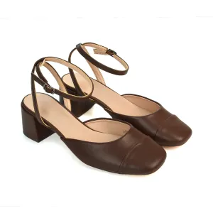 Natasha Ankle Strap Mid Block Heel Square Toe Court Shoes in Brown Synthetic Leather