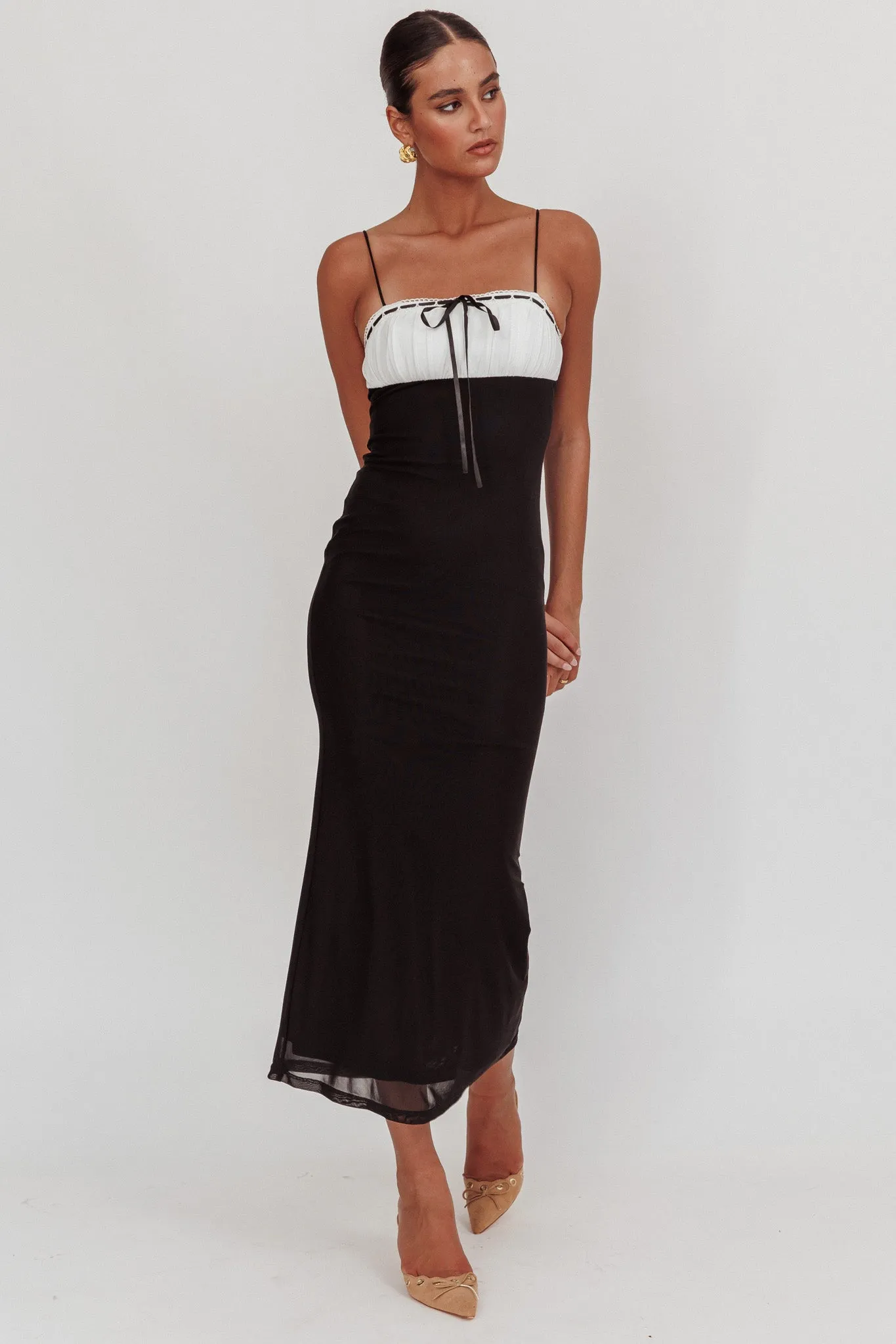 Nerida Bow Bust Mesh Maxi Dress Black