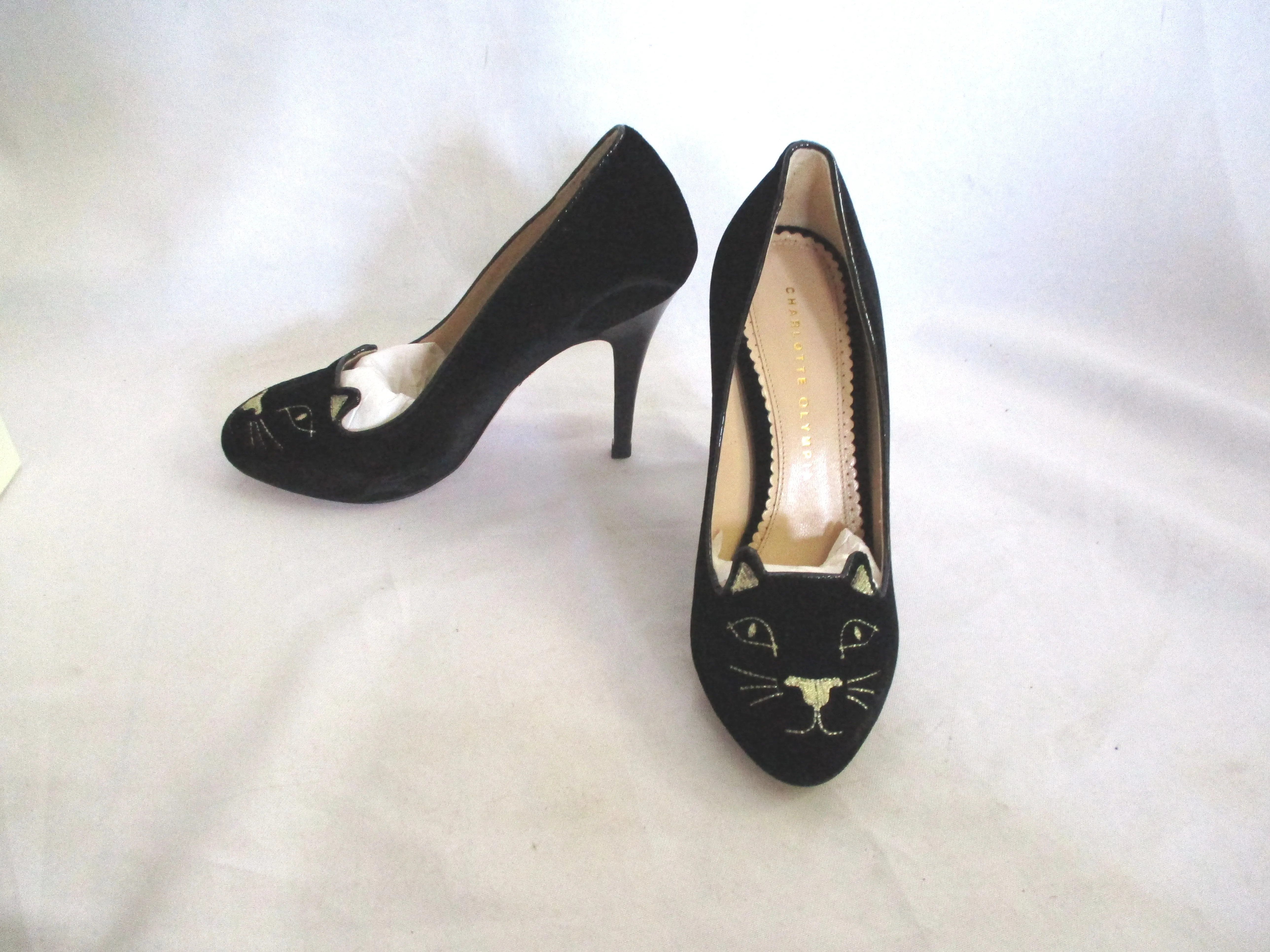 NEW CHARLOTTE OLYMPIA KITTY PUMP CAT BLACK Embroidered Shoe 36.5 Womens