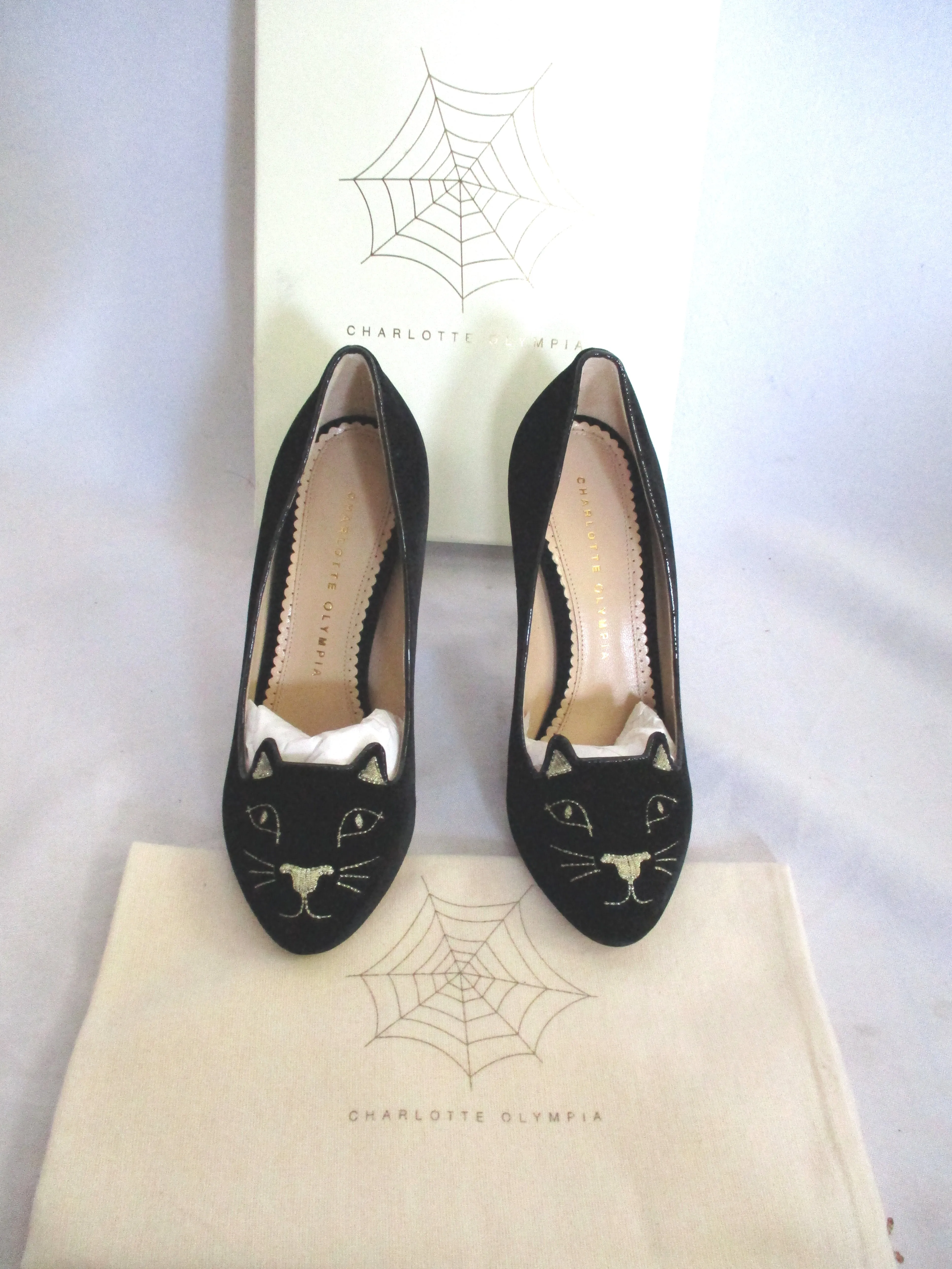 NEW CHARLOTTE OLYMPIA KITTY PUMP CAT BLACK Embroidered Shoe 36.5 Womens