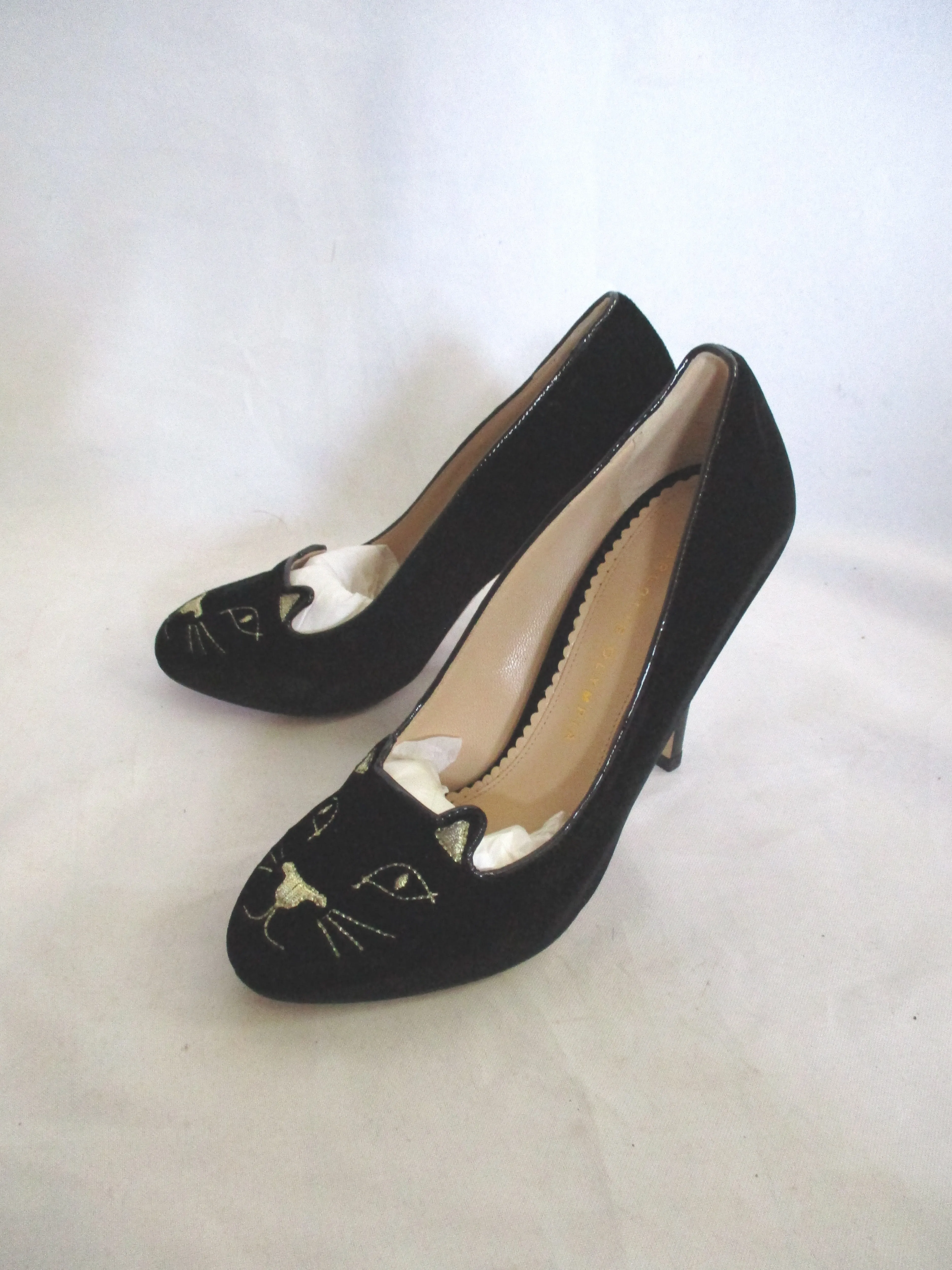 NEW CHARLOTTE OLYMPIA KITTY PUMP CAT BLACK Embroidered Shoe 36.5 Womens