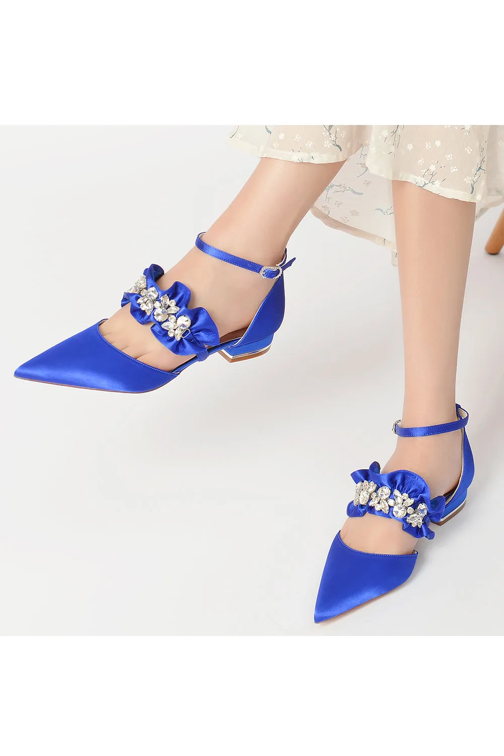 Pointed Toe Rhinestone Beaded Buckle Kitten Heels