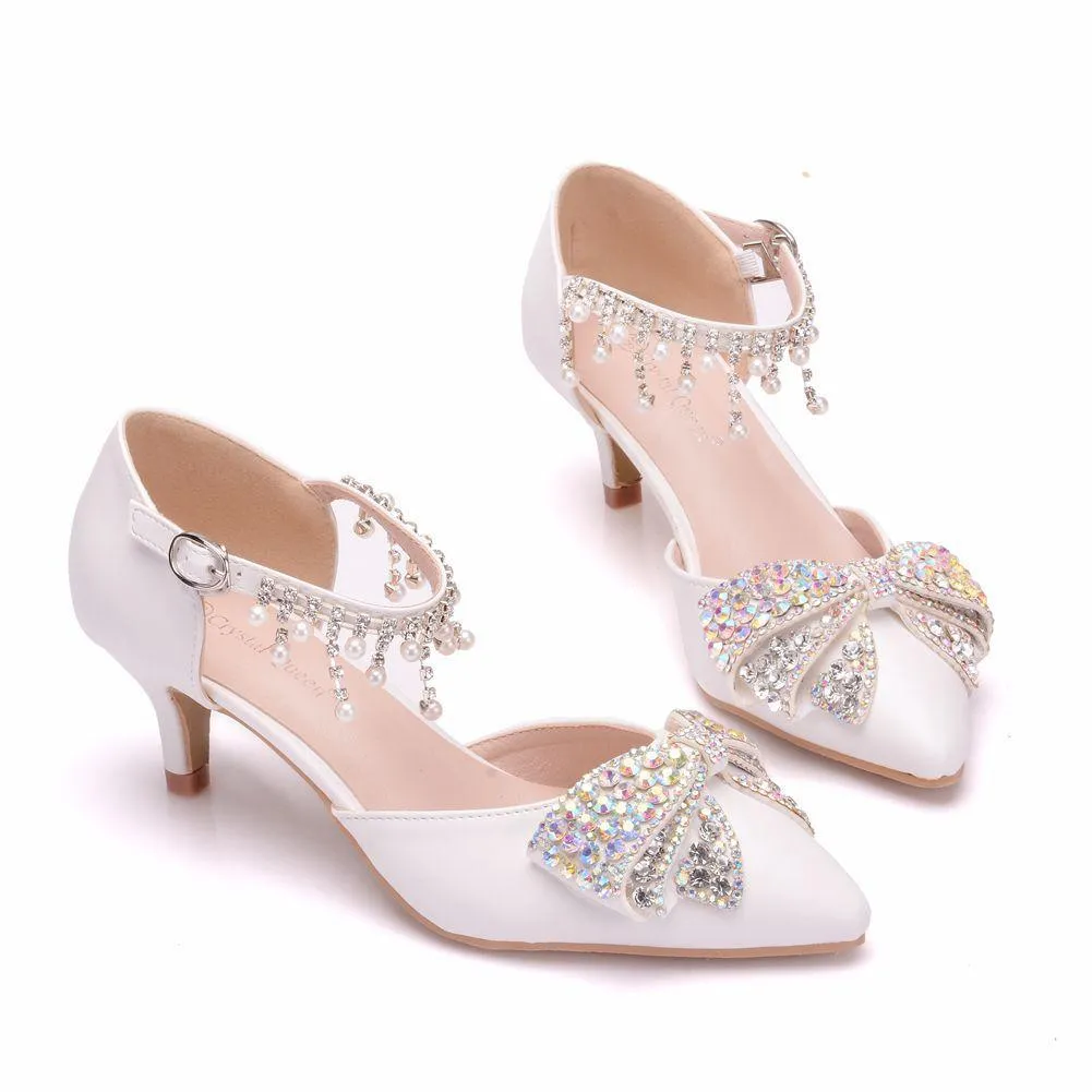 Rhinestine bowknot wedding heels ankle tassels pearls closed toe bridal kitten heels