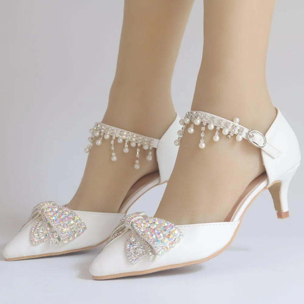 Rhinestine bowknot wedding heels ankle tassels pearls closed toe bridal kitten heels