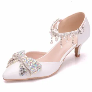 Rhinestine bowknot wedding heels ankle tassels pearls closed toe bridal kitten heels