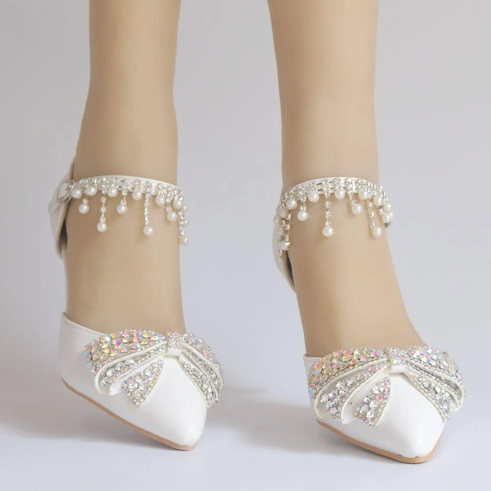 Rhinestine bowknot wedding heels ankle tassels pearls closed toe bridal kitten heels